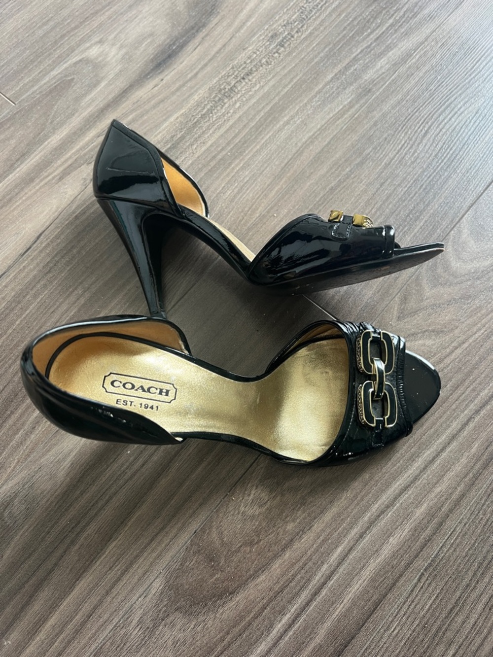 COACH Black Patent Leather D'Orsay Heels with Gold Chain Detail